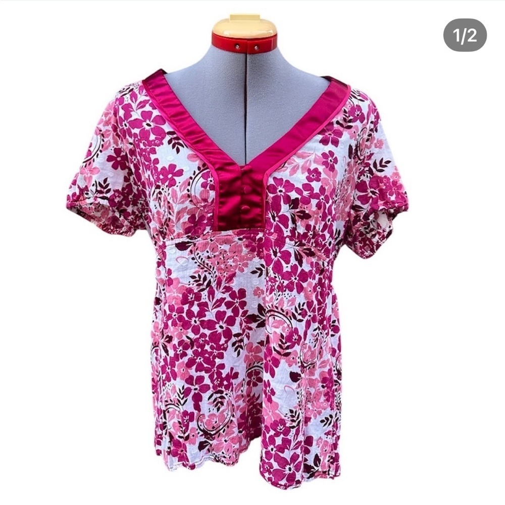 Pink Floral V-Neck Back-Tie Top – Coquette / Soft Girl Style